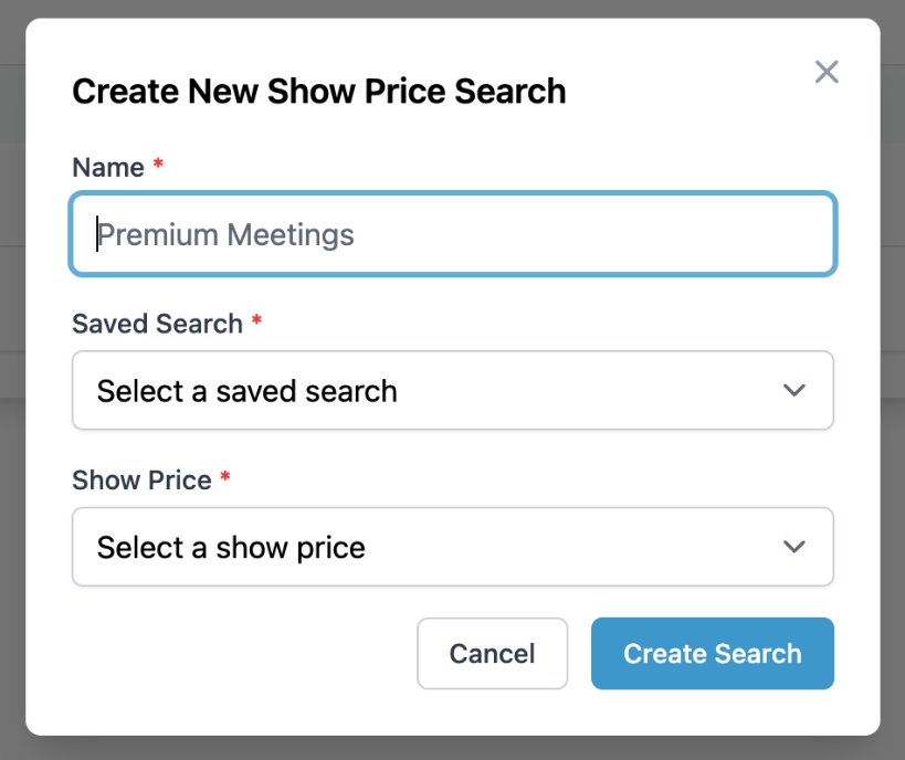 Create New Show Price Search modal